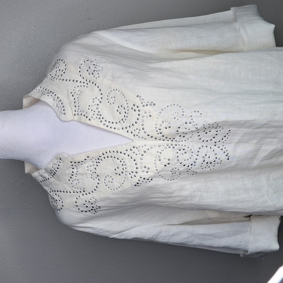 NWT JM Collection Linen Top Tunic Silver Rhinestones Roll-tap Sleeve Sz 18 (XL) - Picture 2 of 15